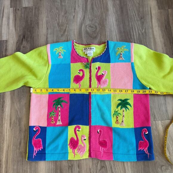 Vintage Jack B. Quick Cardigan Size M Embellished Flamingos Zip Up Embellished - Picture 7 of 8